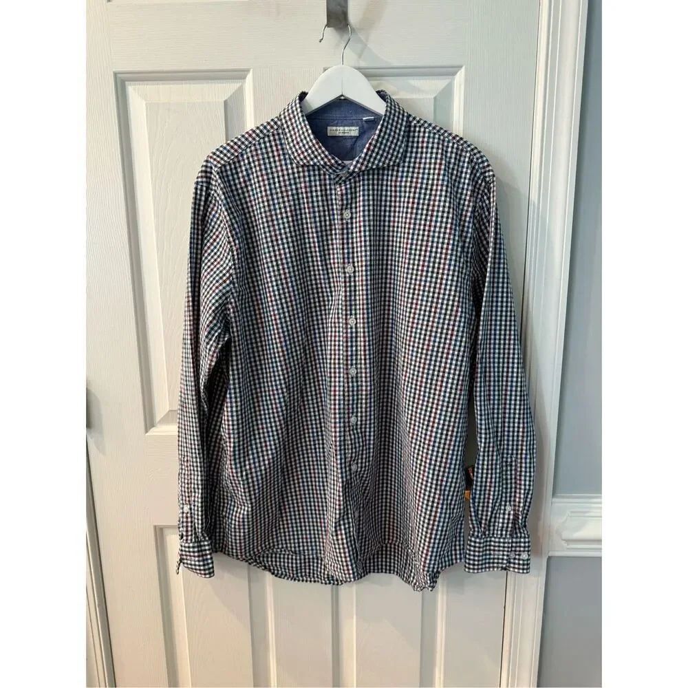 Singer + Sargent Red Blue Green Gingham Textured Button Down Shirt sz XL EUC